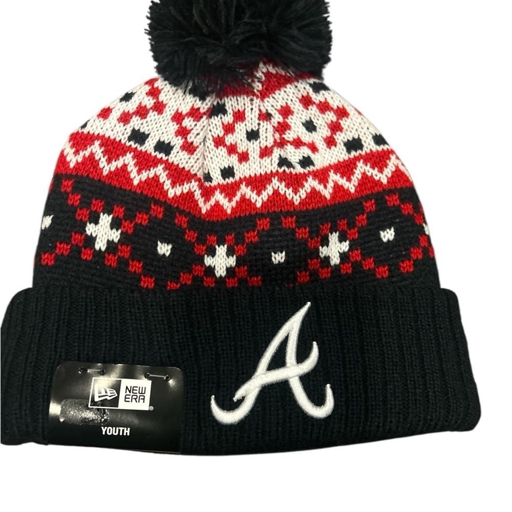 New Era Atlanta Braves Youth Beanie Knit Hat Black Red White Fair Isle Pom MLB
